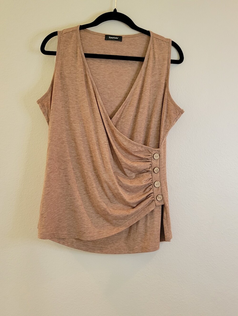 Easy Gala Tan Sleeveless Wrap-Front Tank Top With Wood Look Buttons. Length 26"